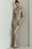 Silver Sequins Maxi Mermaid Evening Dress with Sleeves