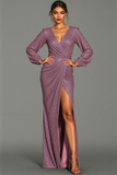 Purple Sheath Sequins V Neck Maxi Evening Dress with Slit