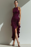 Cabernet Sheath Sequins Asymmetrical Evening Dress with Ruffles
