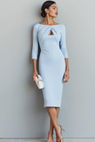 Sky Blue Keyhole 3/4 Sleeves Sheath Midi Formal Dress