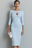Sky Blue Keyhole 3/4 Sleeves Sheath Midi Formal Dress