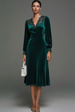 Dark Green Velvet A Line Midi Holiday Party Dress with Lace