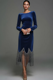 Dark Blue Velvet Maxi Sheath Holiday Party Dress with Tassel