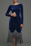 Dark Blue Velvet Maxi Sheath Holiday Party Dress with Tassel