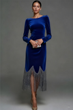 Dark Blue Velvet Maxi Sheath Holiday Party Dress with Tassel