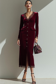 Maxi Cabernet Velvet V-Neck Sheath Holiday Party Dress with Buttons
