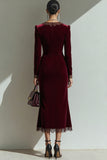 Maxi Cabernet Velvet V-Neck Sheath Holiday Party Dress with Buttons
