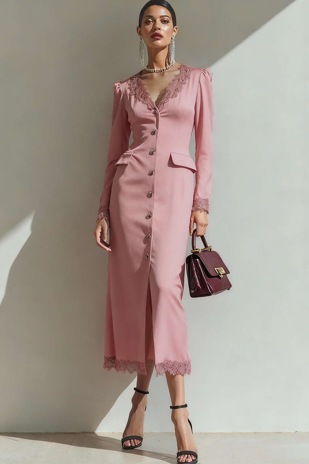 Maxi Cabernet Velvet V-Neck Sheath Holiday Party Dress with Buttons