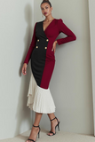 Red and Black Mermaid Pleated Maxi Evening Dress with Sleeves