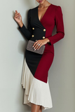 Red and Black Mermaid Pleated Maxi Evening Dress with Sleeves