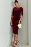 Midi Cabernet Sheath Velvet Round Neck Holiday Party Dress