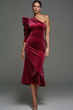 Cabernet Mermaid One Shoulder Velvet Midi Holiday Party Dress