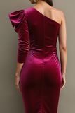 Cabernet Mermaid One Shoulder Velvet Midi Holiday Party Dress