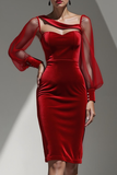 Dark Blue Velvet Sheath Midi Holiday Party Dress with Sleeves
