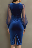 Dark Blue Velvet Sheath Midi Holiday Party Dress with Sleeves