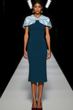 Peacock Blue Round Neck Mermaid Midi Gala Dress with Bow