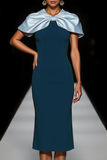 Peacock Blue Round Neck Mermaid Midi Gala Dress with Bow