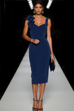 Navy Sheath Thick Straps Midi Gala Dress with 3D Flower