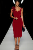 Navy Sheath Thick Straps Midi Gala Dress with 3D Flower
