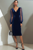 Navy V-Neck Sheath Midi Dotted Velvet Formal Dress