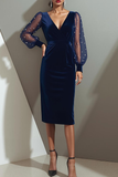 Navy V-Neck Sheath Midi Dotted Velvet Formal Dress