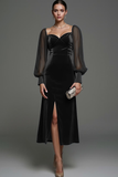 Navy Sheath Velvet Midi Formal Dress with Slit