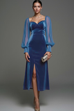 Dark Green Sheath Velvet Midi Formal Dress with Slit