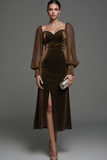 Dark Green Sheath Velvet Midi Formal Dress with Slit