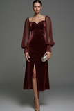Dark Green Sheath Velvet Midi Formal Dress with Slit