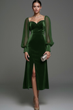 Dark Green Sheath Velvet Midi Formal Dress with Slit