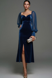 Navy Sheath Velvet Midi Formal Dress with Slit