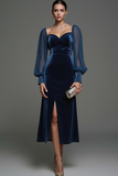 Navy Sheath Velvet Midi Formal Dress with Slit