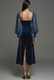 Dark Green Sheath Velvet Midi Formal Dress with Slit