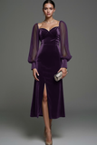 Dark Green Sheath Velvet Midi Formal Dress with Slit