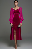 Navy Sheath Velvet Midi Formal Dress with Slit