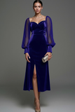 Navy Sheath Velvet Midi Formal Dress with Slit