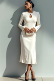 White Maxi Keyhole Sheath Formal Dress with Sleeves