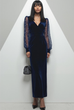 Navy Velvet Sheath V-Neck Long Formal Dress