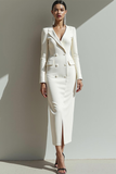 White Peak Lapel Pencil Maxi Work Dress with Buttons