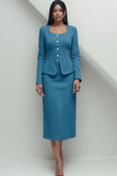 Blue Midi Pencil 2 Piece Scoop Neck Work Dress with Buttons