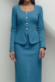 Blue Midi Pencil 2 Piece Scoop Neck Work Dress with Buttons