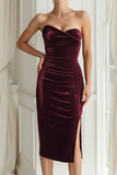 Cabernet Sheath Velvet Midi Cocktail Dress with Slit