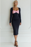 Black Pink Sheath Midi Evening Dress with Sleeves