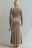 Light Beige Cowl Neck Velvet Sheath Maxi Formal Dress with Sleeves