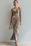 Light Beige Cowl Neck Velvet Sheath Maxi Formal Dress with Sleeves