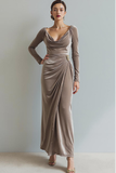 Light Beige Cowl Neck Velvet Sheath Maxi Formal Dress with Sleeves