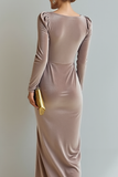Light Beige Cowl Neck Velvet Sheath Maxi Formal Dress with Sleeves