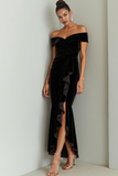 Black Velvet Off the Shoulder Long Formal Dress with Ruffles