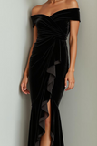 Black Velvet Off the Shoulder Long Formal Dress with Ruffles