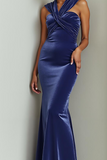 Navy Mermaid Sleeveless Long Velvet Formal Dress